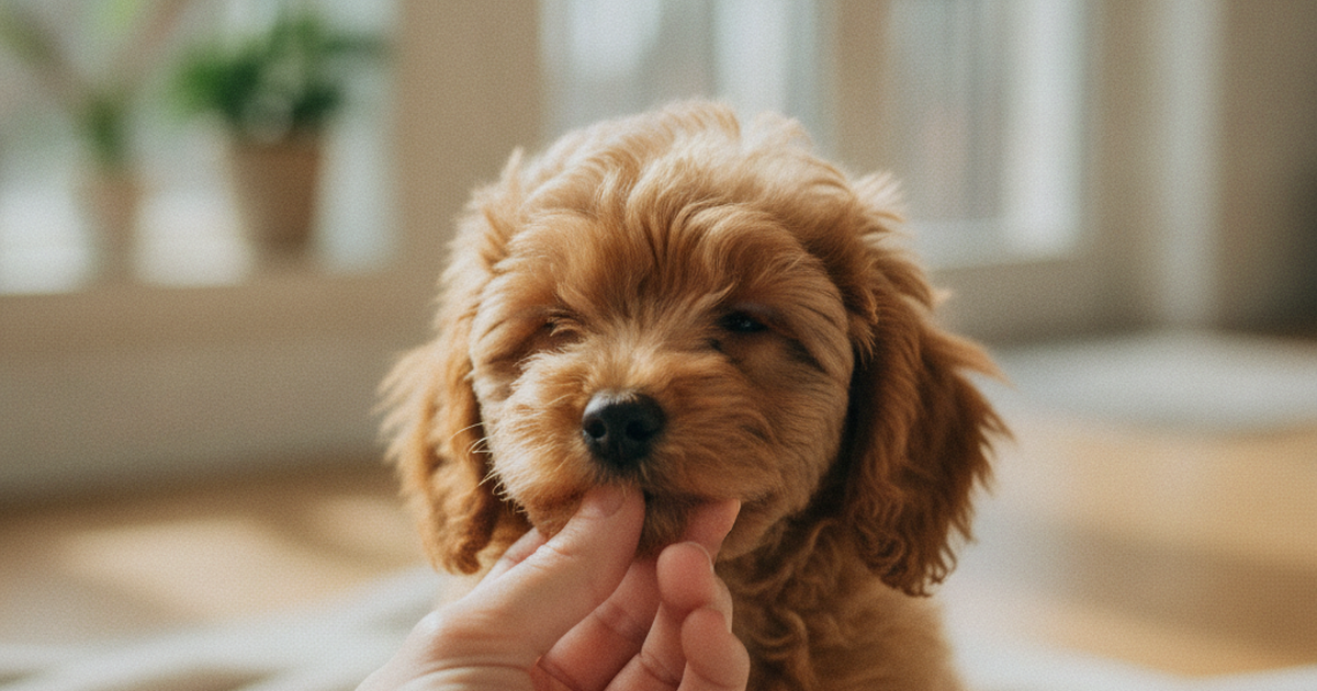 飼い主の手で口周りを触られ歯と耳のケアに慣れる子犬